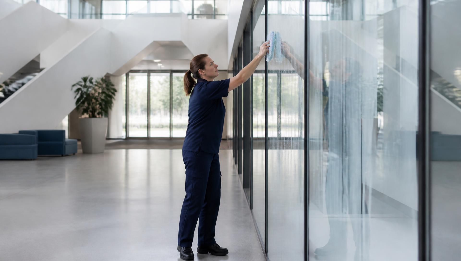 Medewerker reinigt een glazen wand in een moderne bedrijfsentree