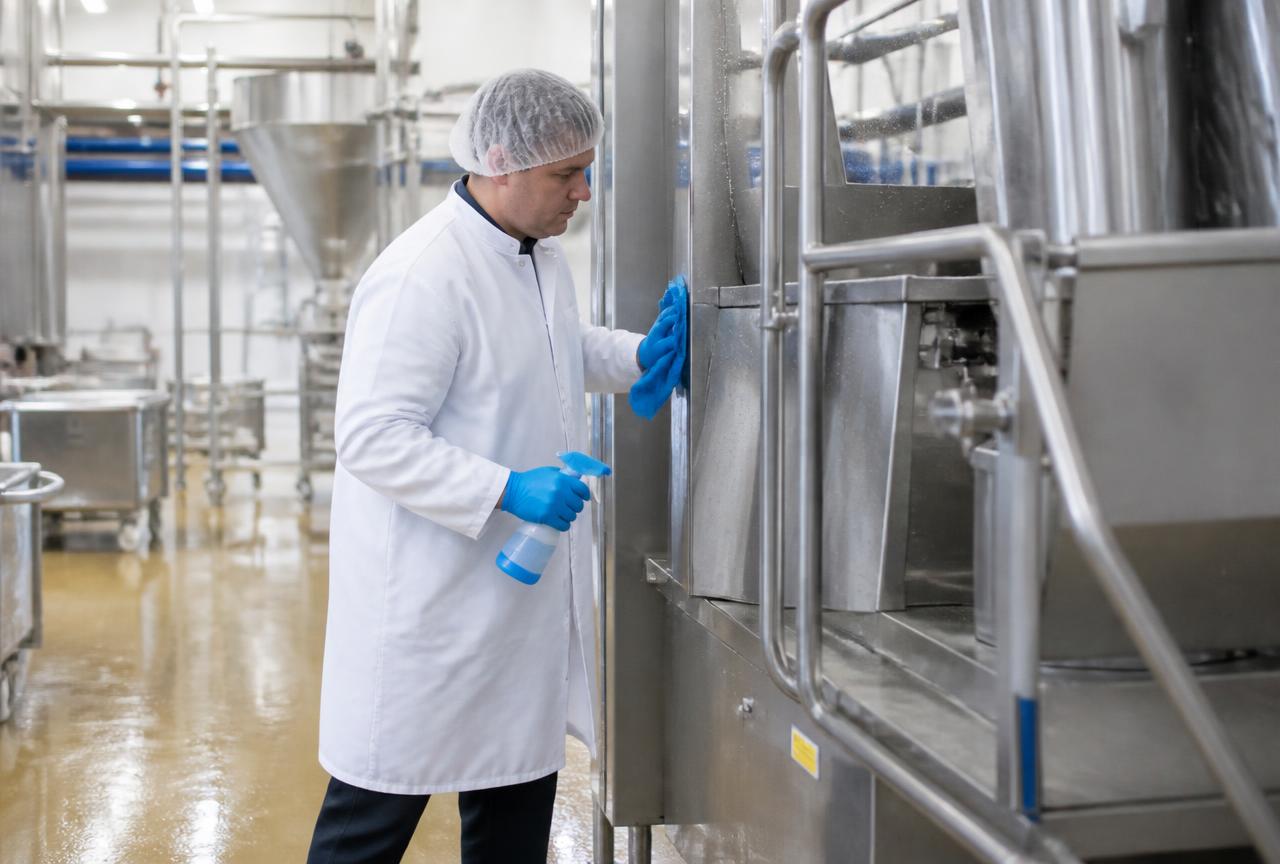 Medewerker desinfecteert rvs machines in een productieomgeving